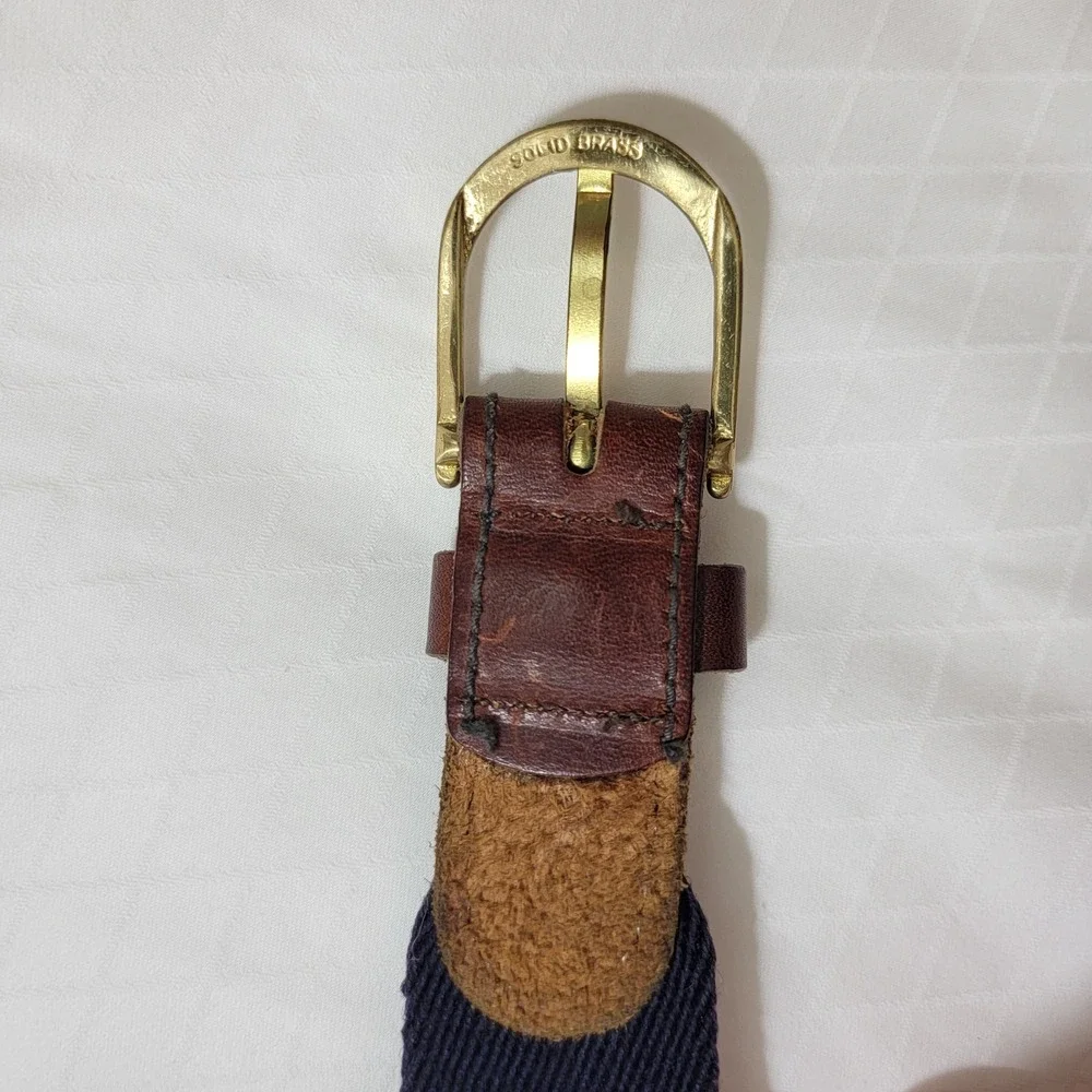 Mens Navy Burgundy Striped Wool Surcingle Belt Leather Solid Brass Buckle Sz 34